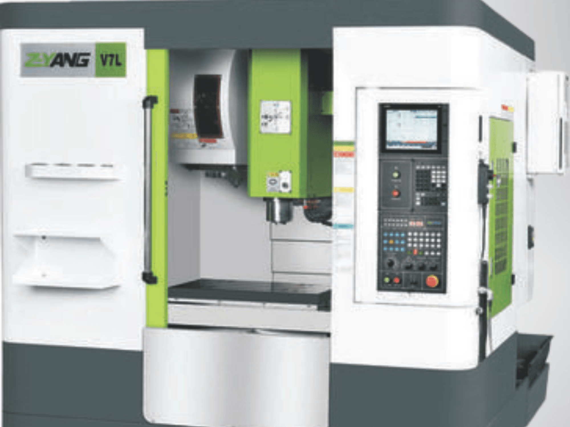 Z-YANG V7L Vertikal-Bearbeitungszentrum, Vorderansicht mit Bedienfeld, Arbeitsbereich und markantem grün-weißem Design.