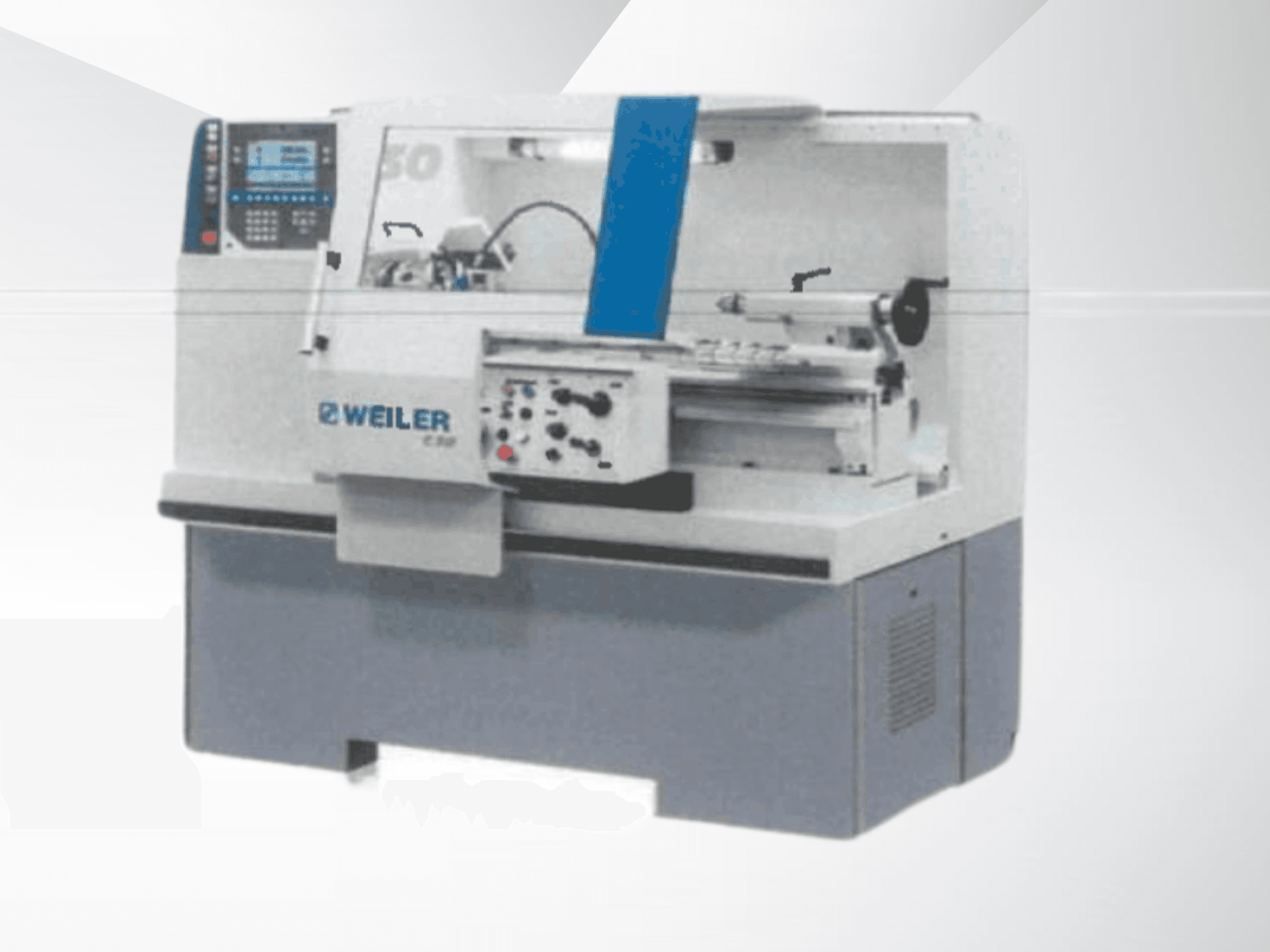 Horizontal-Drehmaschine Weiler C30X 750 in der Vorderansicht, wobei das Bedienfeld und die Betriebselemente sichtbar sind.