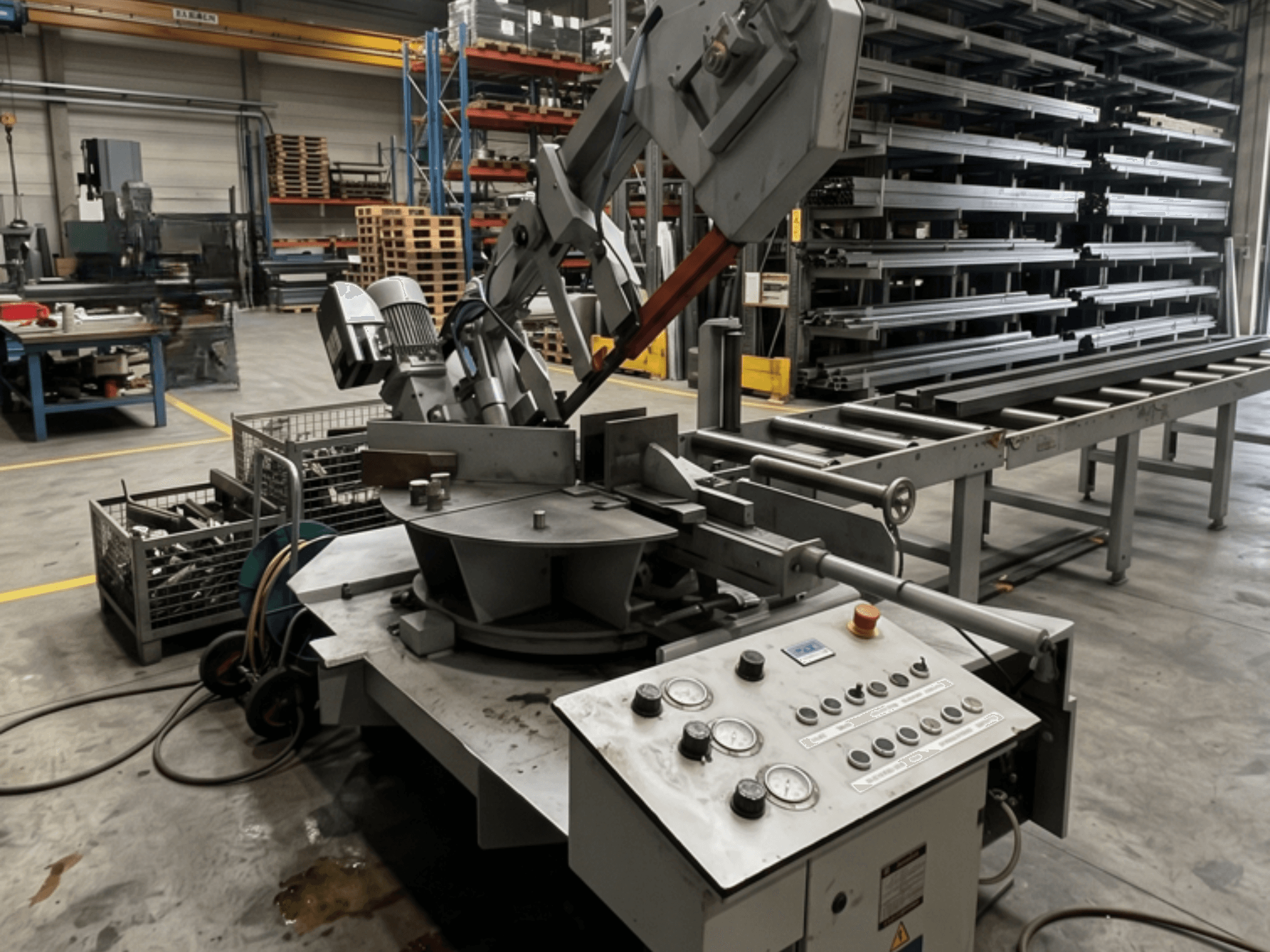Metallbandsäge MEBA MEBASwing 320 DG in einer Werkstatt, von der Seite gesehen, mit sichtbarem Bedienfeld und Sägeblatt.
