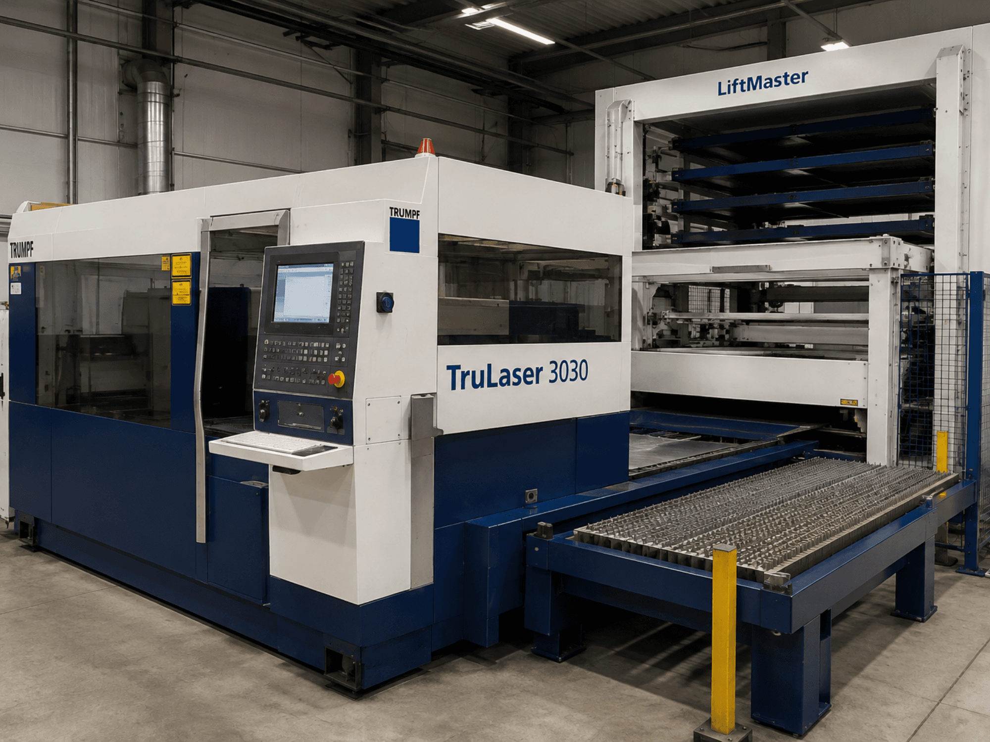 Vorderansicht der TRUMPF TruLaser 3030 CO₂-Laserschneidanlage mit LiftMaster, ausgestattet mit Bedienfeld und Blechtisch.