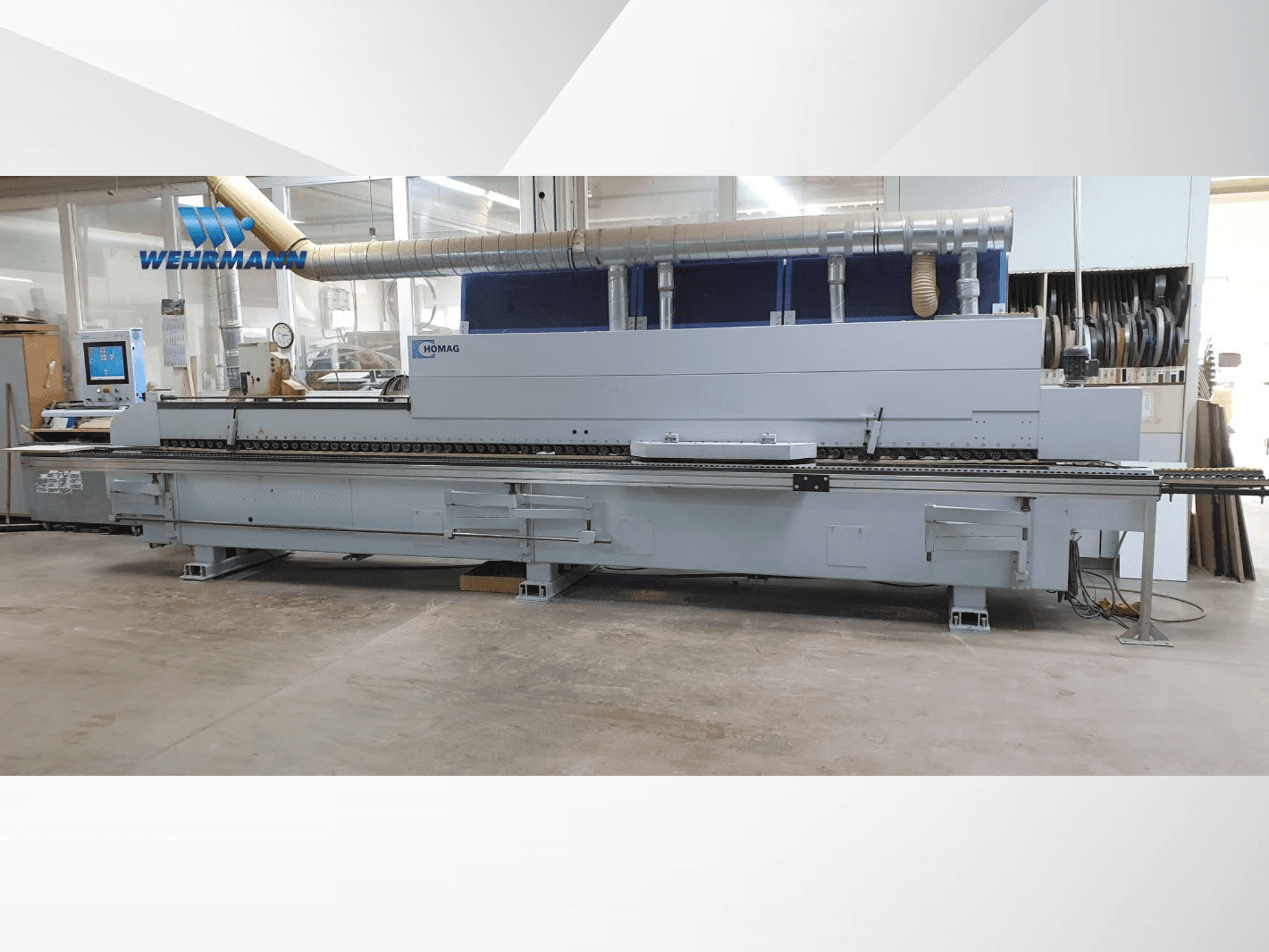 HOMAG Optimat KAL210/6/A20/S2 Kantenanleimmaschine in Seitenansicht, mit Bedienfeld und Fördersystem. Ideal für die Holzbearbeitung.