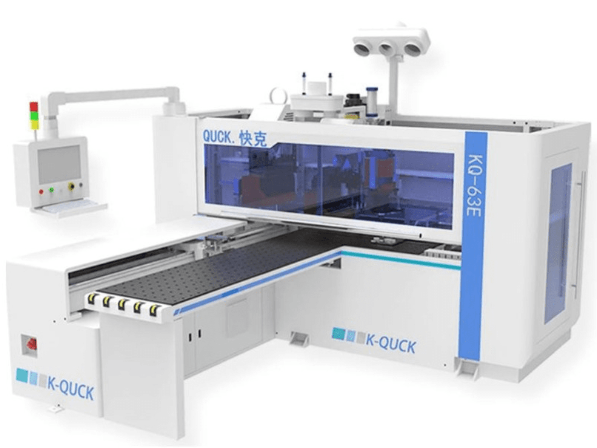 K-QUICK KQ-63E Maschine, Vorderansicht, mit Bedienfeld, transparentem Gehäuse und einem Flachförderer mit mehreren Rollen.