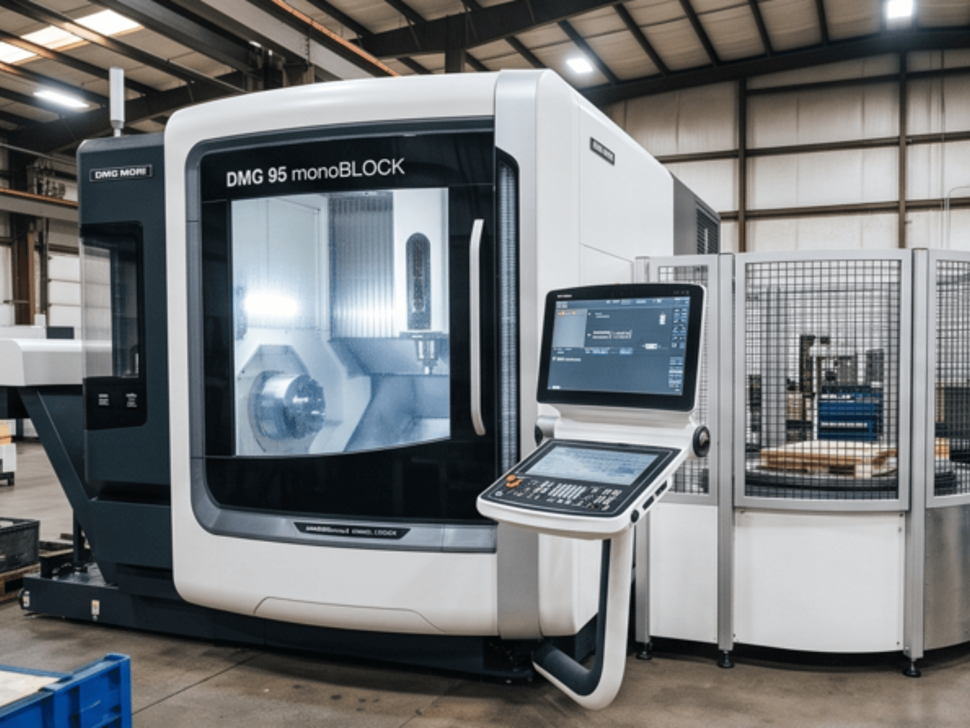 Vertikales Bearbeitungszentrum DMG MORI DMC 95 monoBLOCK, Vorderansicht, mit Bedienfeld und Schutzabdeckung.