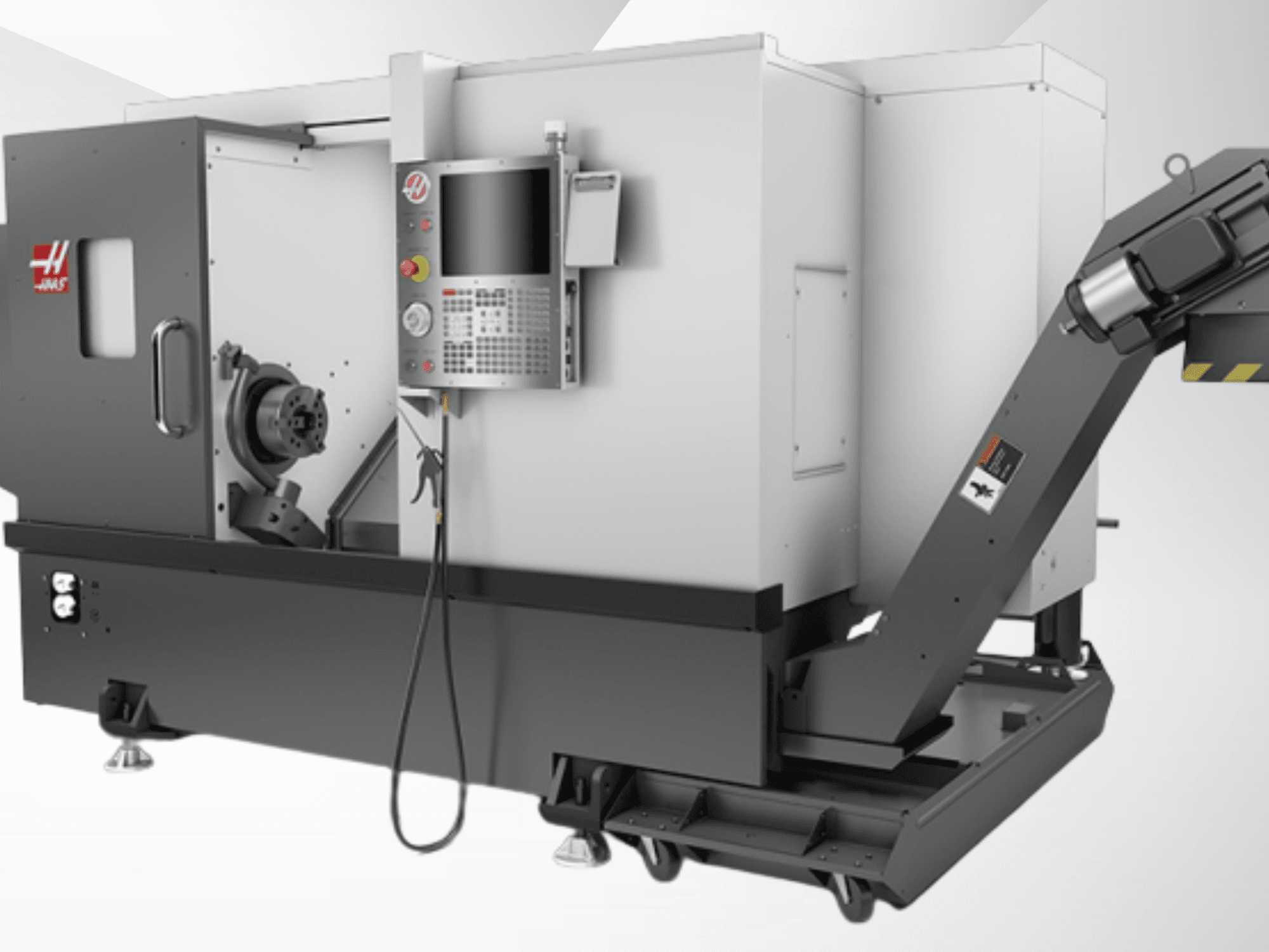 Haas ST-20 Horizontal-Drehmaschine; Vorderansicht mit Bedienfeld, Spindel und Späneförderer.