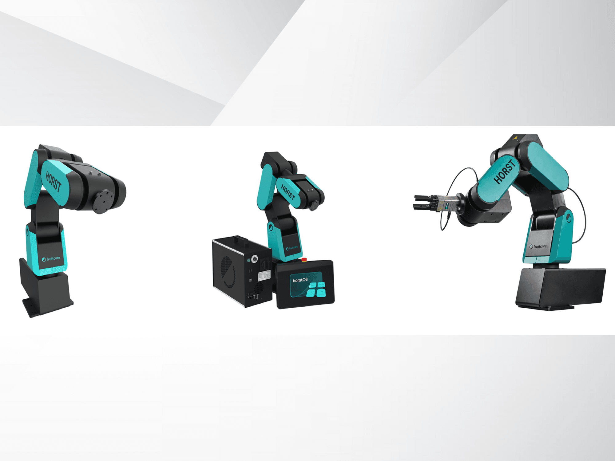 Drei Ansichten des Horst-Roboterarms von Fruitcore, die sein schwarzes und blaugrünes Design, das Bedienfeld und die Greifvorrichtung hervorheben.