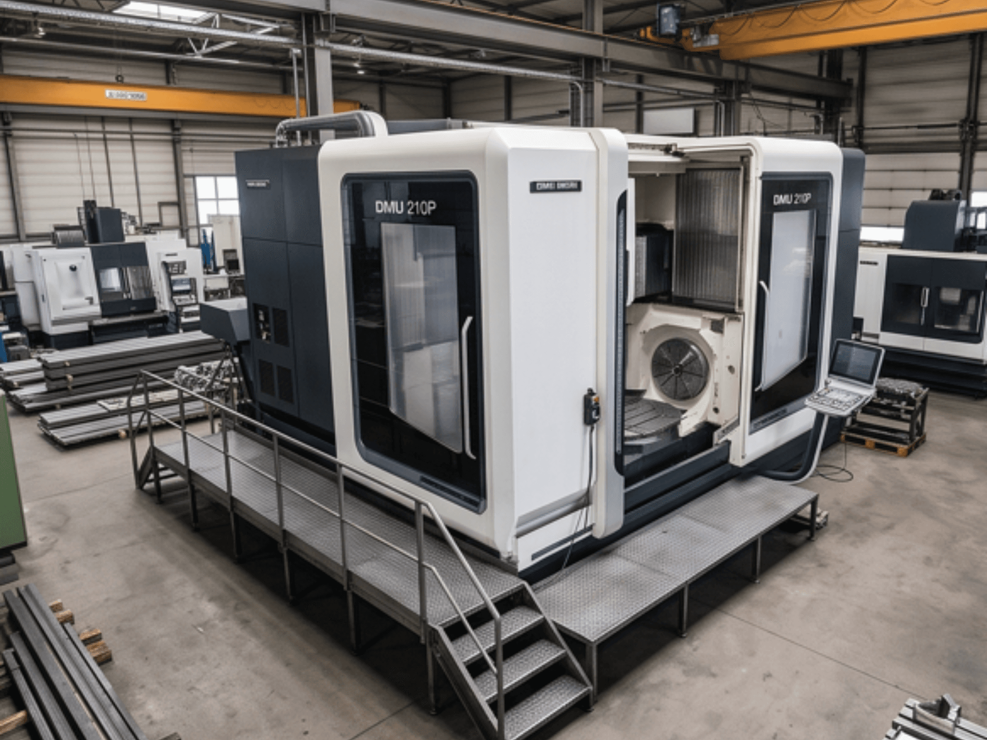 DMG MORI DMU 210P Universal-Bearbeitungszentrum in einer Werkstatt, Seitenansicht mit Bedienfeld und Zugangsplattform.